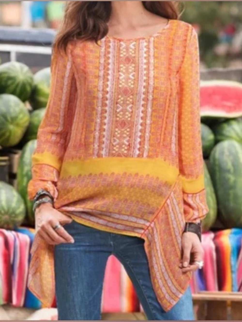 Sundance Multi-Print Yellow and Orange Boho Tunic Sz L Florida Resort Boho Luxe